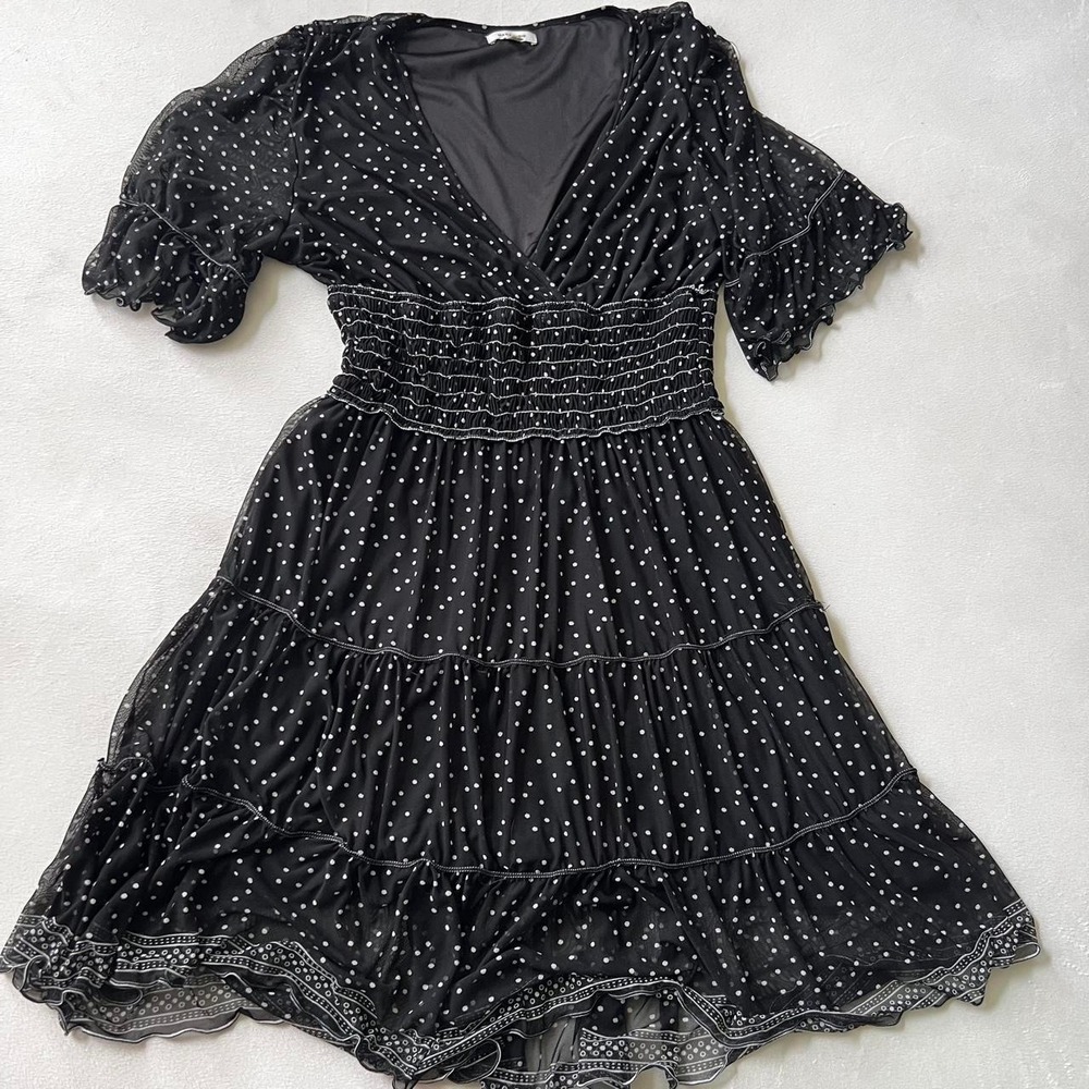 Max Studio Black White Polka Dot Sheer Tiered Cocktail Fun Party Dress Elegant
